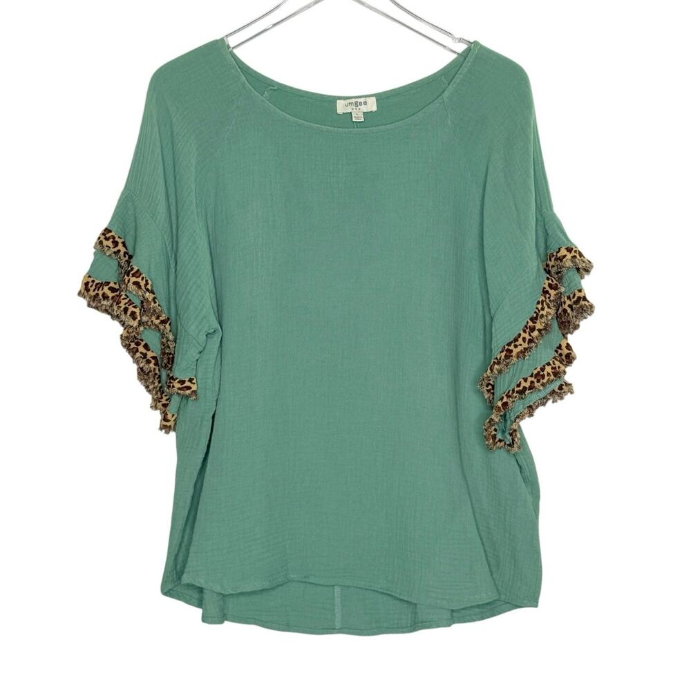 Umgee Sage Green Top L Ruffle Sleeves Leopard Trim Textured Relaxed Boho